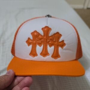 Chrome Hearts Orange and White Trucker Cap with Cross Patch